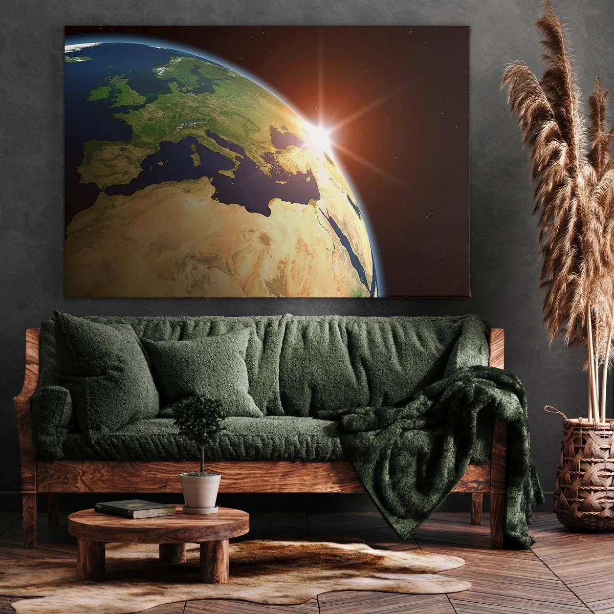 Obraz na plátne - Pohľad na Zem z vesmíru so slnečnými lúčmi na obzore - 70x50cm - Východ slnka - Moderná nástenná dekorácia do obývacej izby a spálne ARTTOR