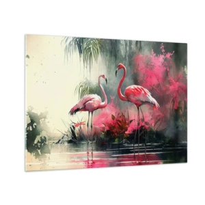 Obraz na skle - Dva plameniaky v tropickom prostredí pri vode - 70x50cm - Hodiny prírodného kúzla - Moderná nástenná dekorácia do obývacej izby a spálne ARTTOR