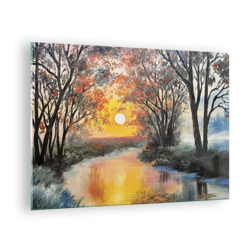 Obraz na skle - Západ slnka nad riekou medzi stromami - 70x50cm - Jesenný nádych - Moderná nástenná dekorácia do obývacej izby a spálne ARTTOR