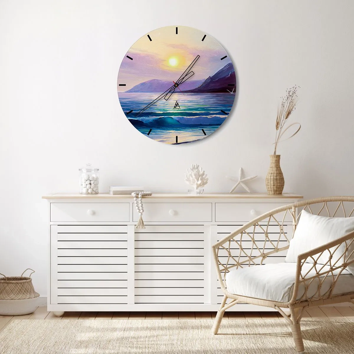 Nástenné hodiny - Prímorská krajina so zapadajúcim slnkom - 30x30cm - Krištáľ vody a vzduchu - Moderná nástenná dekorácia do obývacej izby, kuchyne a spálne ARTTOR
