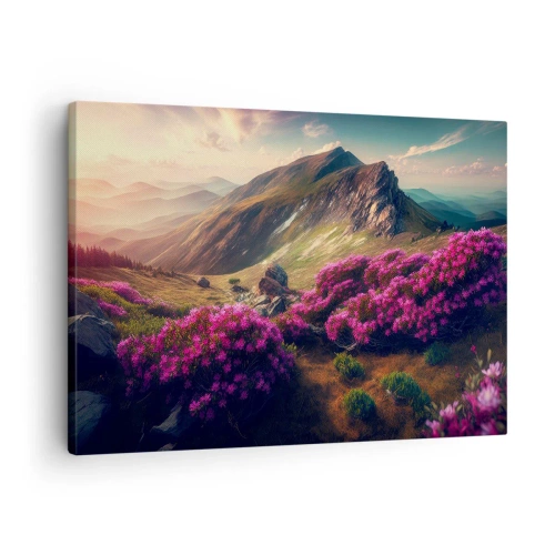 Obraz na plátne - Horská krajina s kvitnúcimi rododendronmi - 70x50cm - Leto na horách - Moderná nástenná dekorácia do obývacej izby a spálne ARTTOR