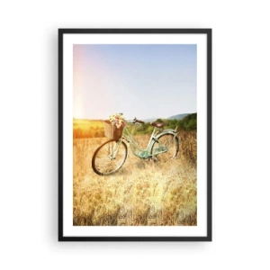Plagát v čiernom ráme - Bicykel s košíkom plným kvetov na lúke - 50x70cm - Chvíľu tu zostanem - Moderná nástenná dekorácia do obývacej izby a spálne ARTTOR