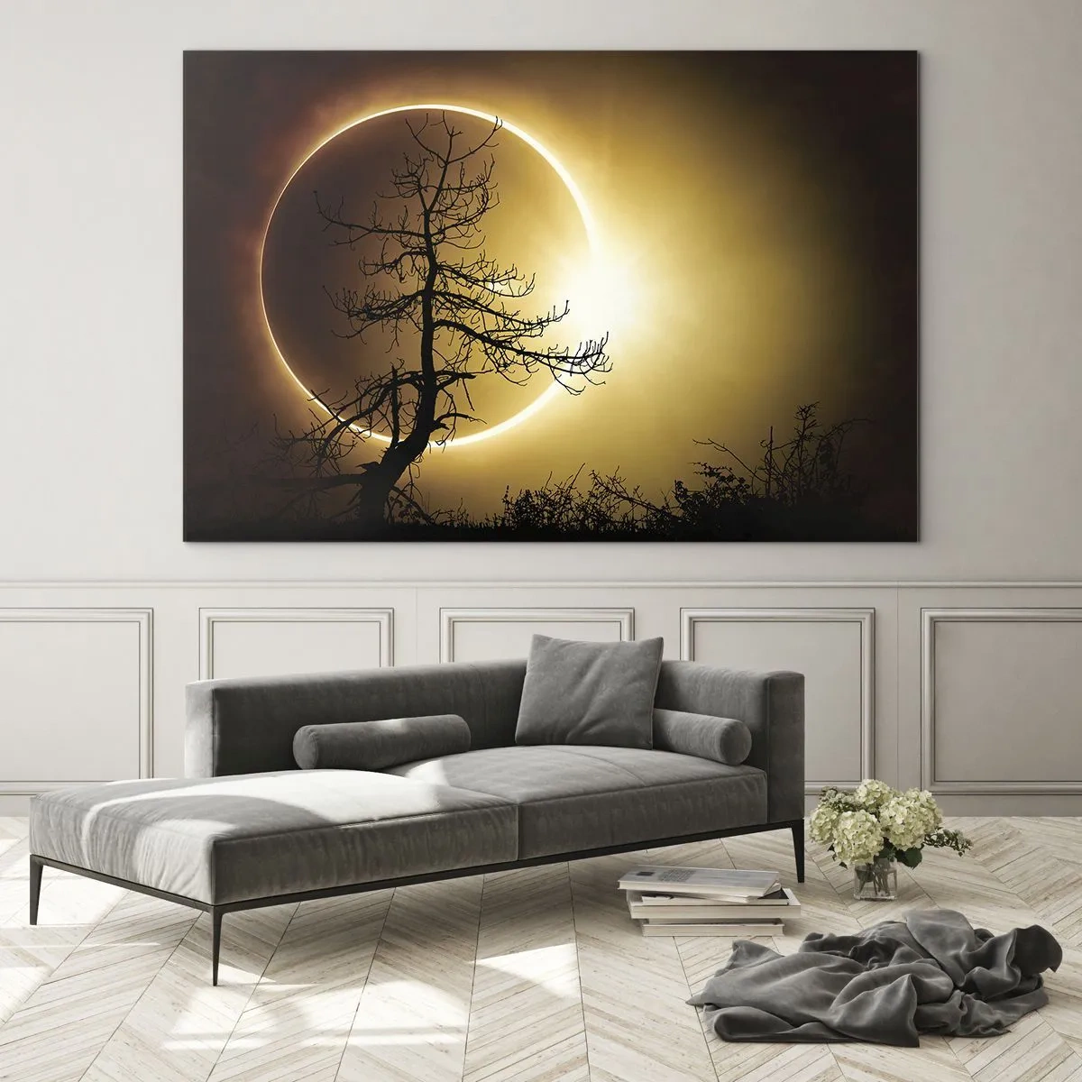 Obraz na skle - Zatmenie Slnka za stromom - 70x50cm - Úplné zatmenie - Moderná nástenná dekorácia do obývacej izby a spálne ARTTOR