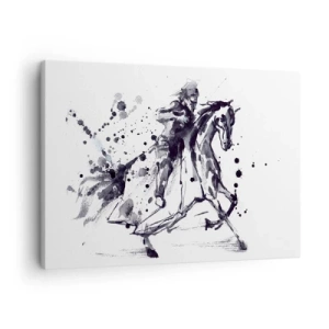 Obraz na plátne - Čiernobiely akvarel jazdca na cválajúcom koni - 70x50cm - Čierny rytier - Moderná nástenná dekorácia do obývacej izby a spálne ARTTOR
