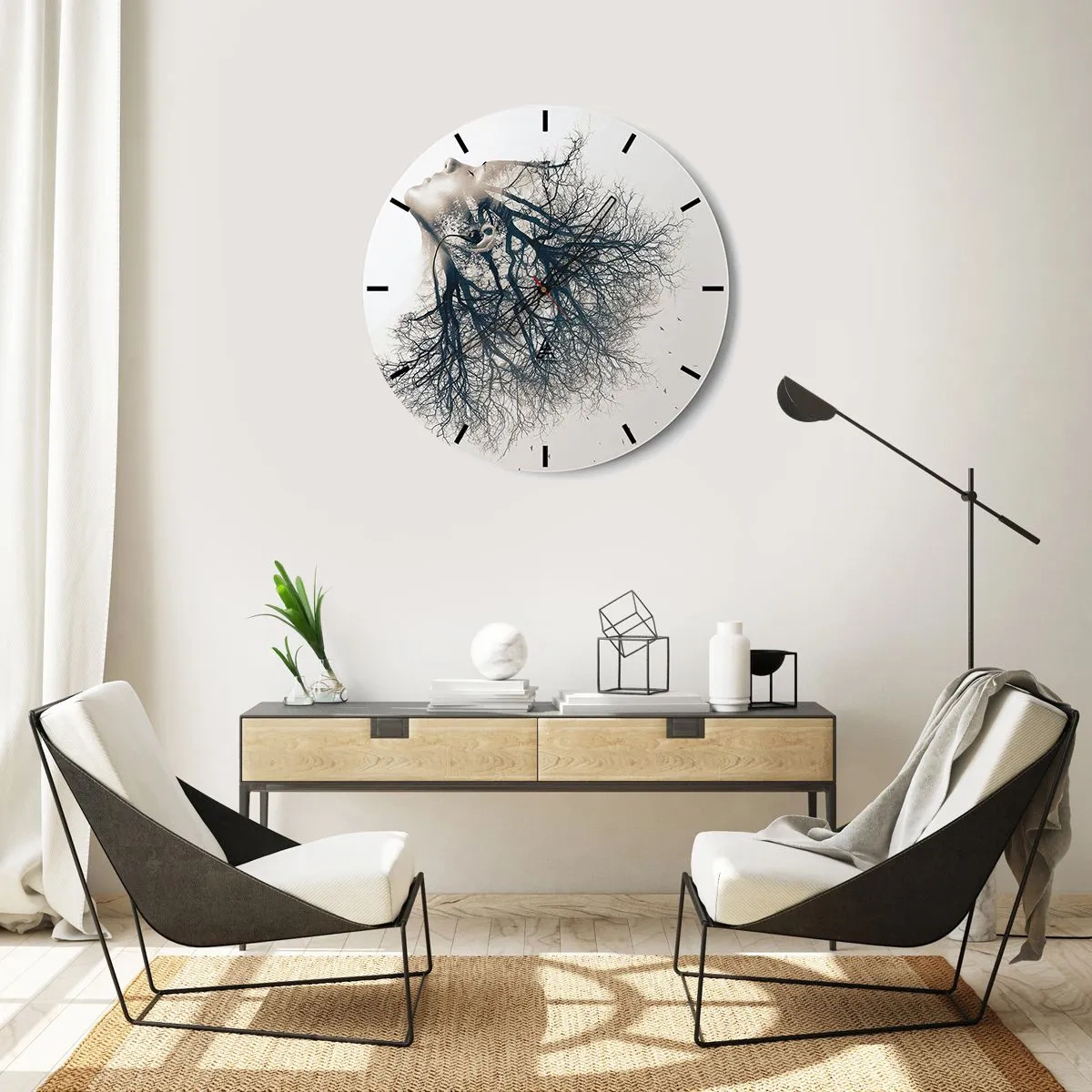 Nástenné hodiny - Umelecká silueta ženy s korunou stromu ako vlasmi - 30x30cm - Očarená šepotom stromu - Moderná nástenná dekorácia do obývacej izby, kuchyne a spálne ARTTOR