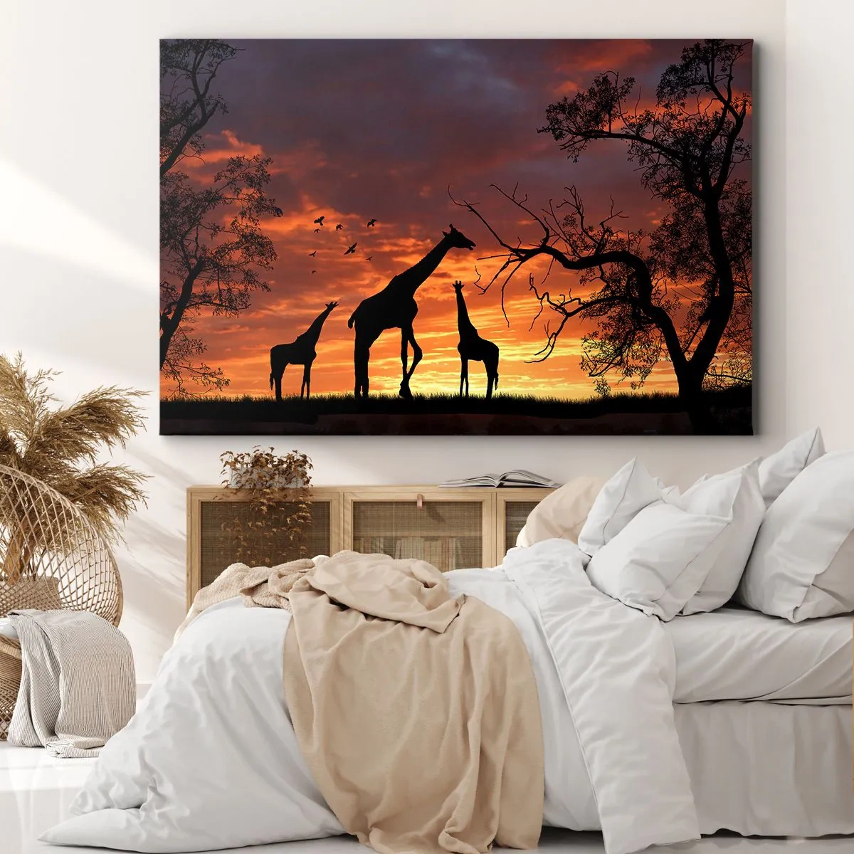 Obraz na plátne - Siluety žiráf na pozadí afrického západu slnka - 70x50cm - Malá večera v kruhu najbližších - Moderná nástenná dekorácia do obývacej izby a spálne ARTTOR