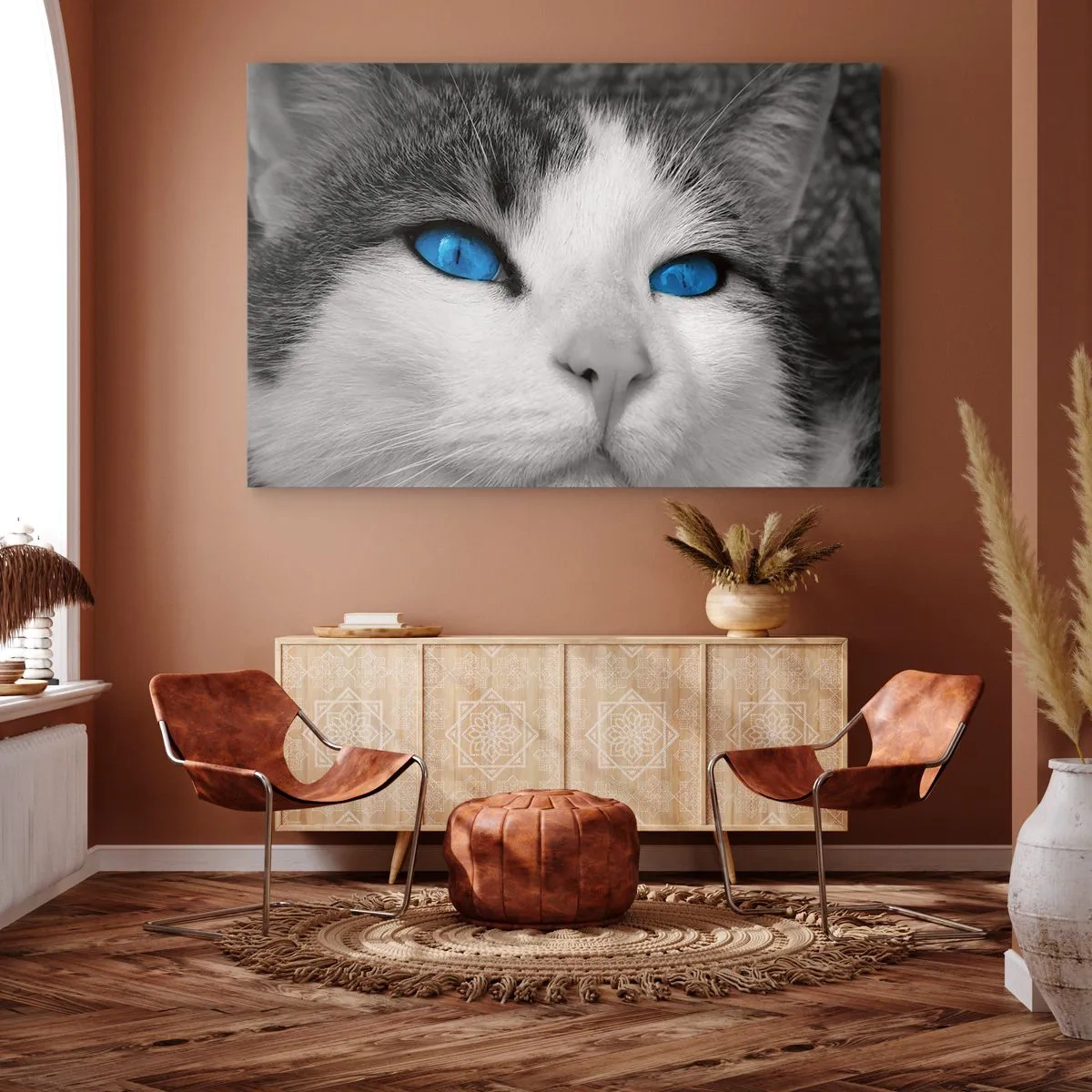Obraz na plátne - Portrét mačky s modrými očami v čiernobielom štýle - 70x50cm - Neobvyklý modrooký - Moderná nástenná dekorácia do obývacej izby a spálne ARTTOR