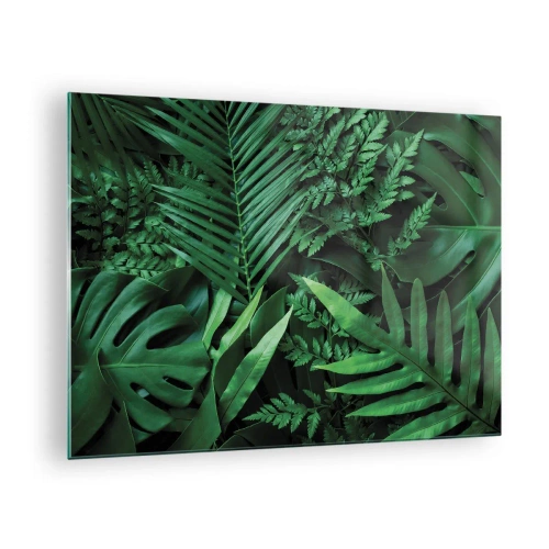 Obraz na skle - Husté zelené listy tropických rastlín v kompozícii - 70x50cm - Objaté v zeleni - Moderná nástenná dekorácia do obývacej izby a spálne ARTTOR