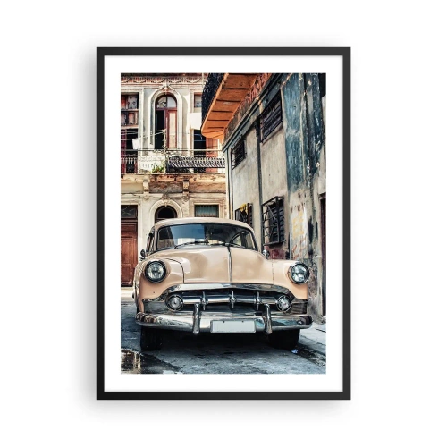 Plagát v čiernom ráme - Klasické auto v retro mestskom prostredí - 50x70cm - Siesta v Havane - Moderná nástenná dekorácia do obývacej izby a spálne ARTTOR