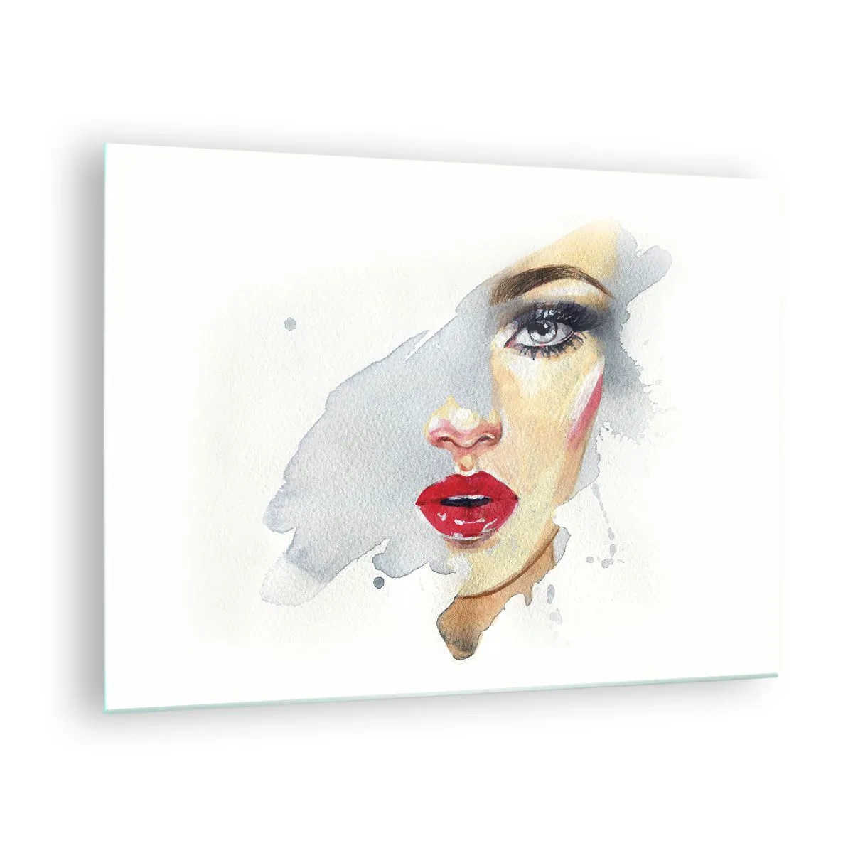 Obraz na skle - Akvarelová portrét ženy s červenými perami - 70x50cm - Odraz v kvapke vody - Moderná nástenná dekorácia do obývacej izby a spálne ARTTOR
