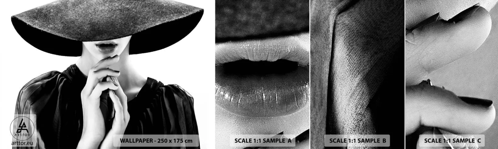 Vzorka samolepiacej fototapety Deluxe Sticker - Ukrytá krása - Žena V Klobúku, Dámske ruky, Móda - 100x30 cm