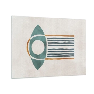 Obraz na skle - Geometrický tvar s kruhom a čiarami v odtieňoch zelenej a červenej. - 70x50cm - Znaky a rituály - Moderná nástenná dekorácia do obývacej izby a spálne ARTTOR
