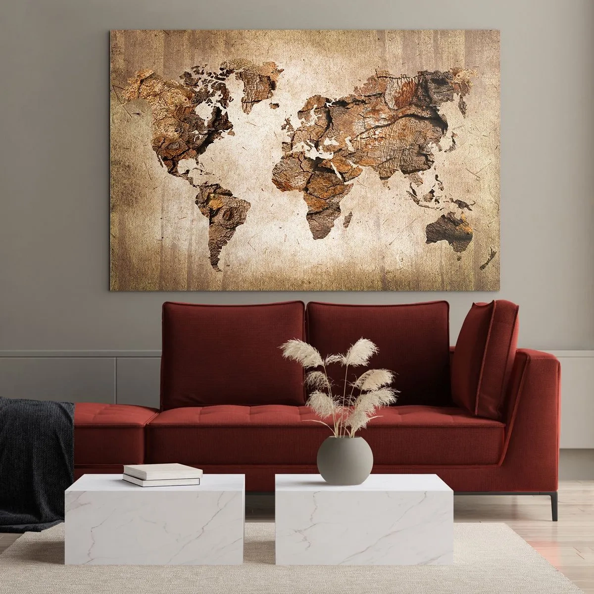 Obraz na skle - Mapa sveta v hnedých odtieňoch imitujúcich drevo - 70x50cm - Objav sveta - Moderná nástenná dekorácia do obývacej izby a spálne ARTTOR