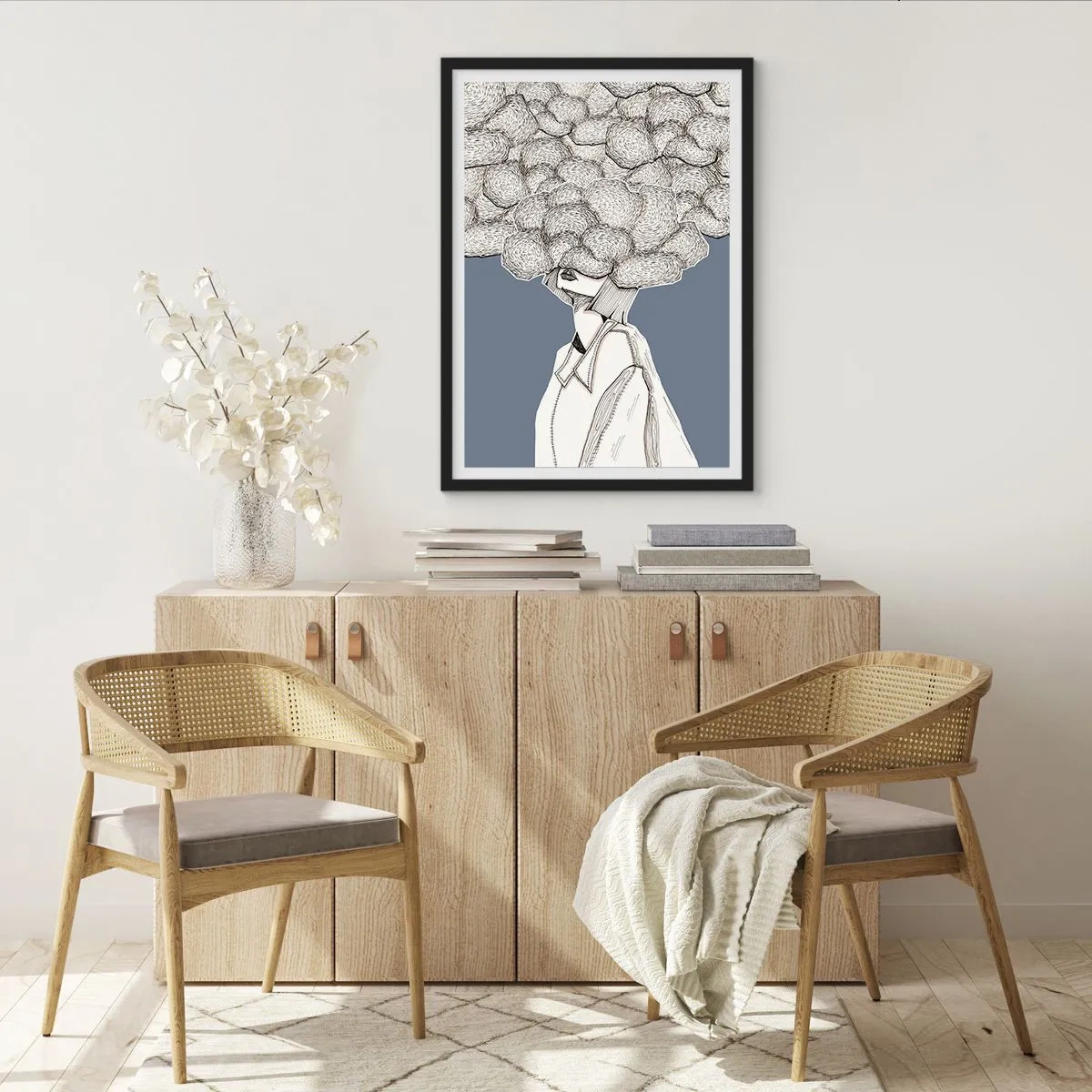 Plagát v čiernom ráme - Postava s oblakom namiesto hlavy, štylizovaná v odtieňoch sivej. - 50x70cm - S hlavou v oblakoch - Moderná nástenná dekorácia do obývacej izby a spálne ARTTOR