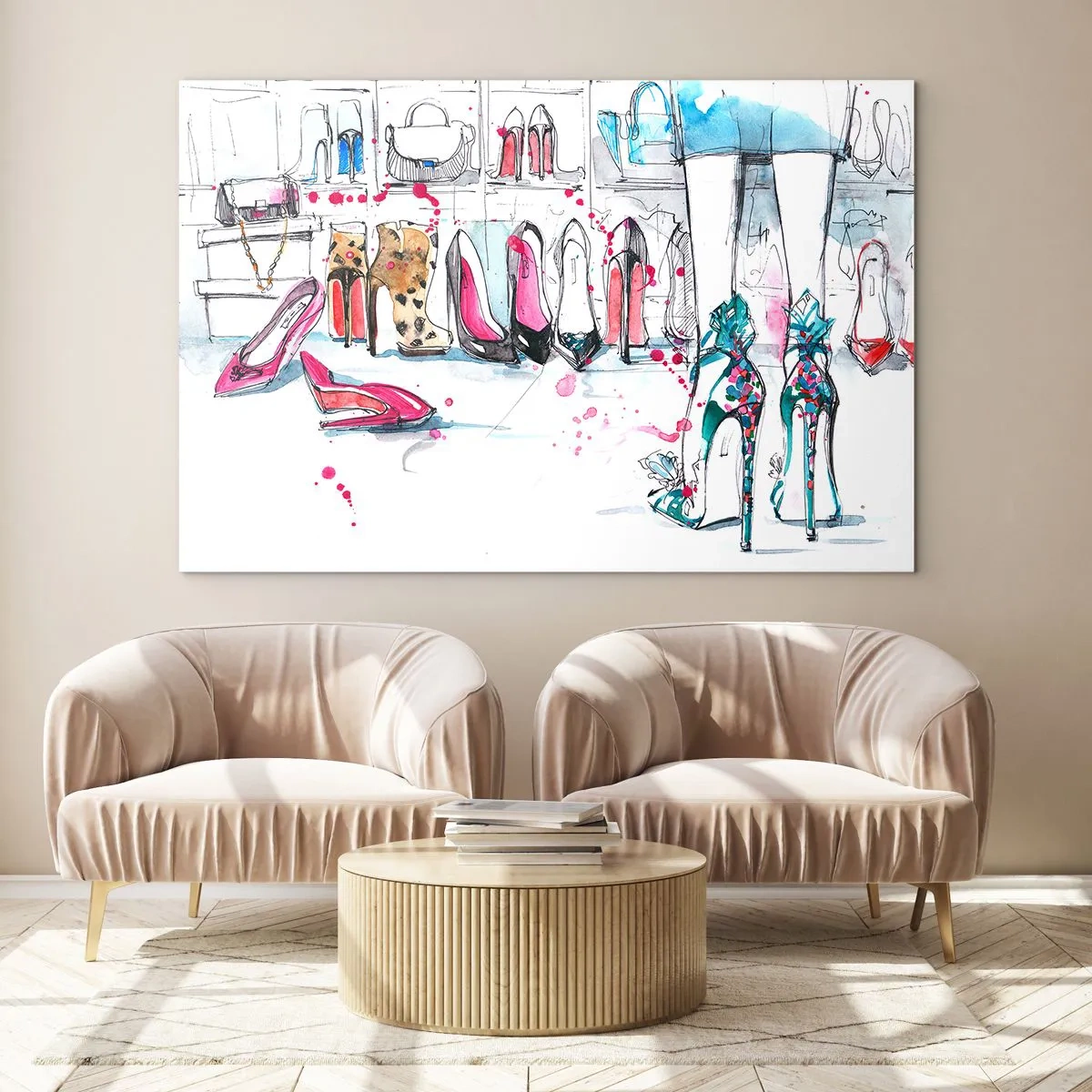 Obraz na skle - Ilustrácia elegantných vysokých podpätkov v obchode - 70x50cm - Sezame, otvor sa - Moderná nástenná dekorácia do obývacej izby a spálne ARTTOR