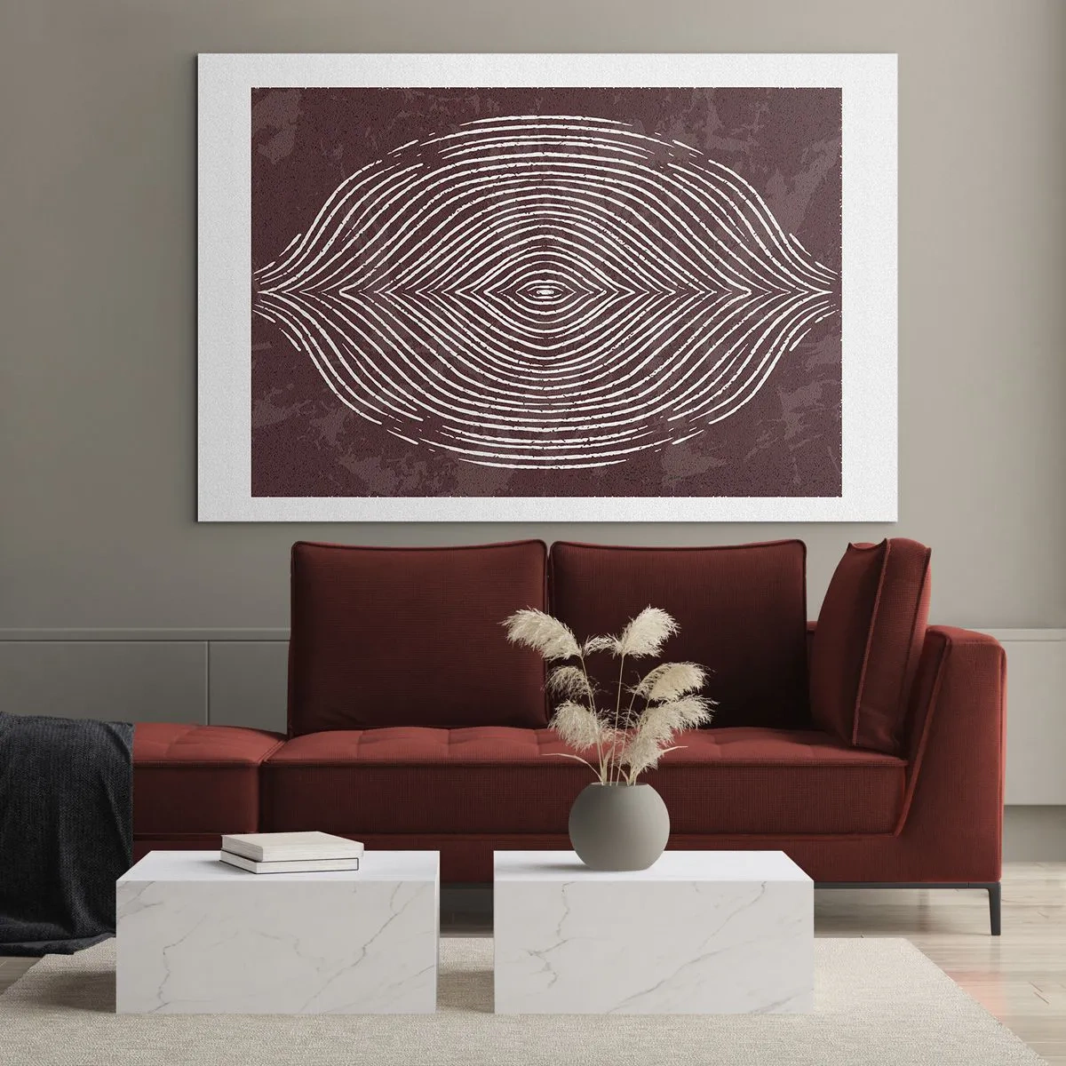 Obraz na skle - Symetrické čiary v tvare oka na bordovom pozadí - 70x50cm - Priestor hovorí - Moderná nástenná dekorácia do obývacej izby a spálne ARTTOR