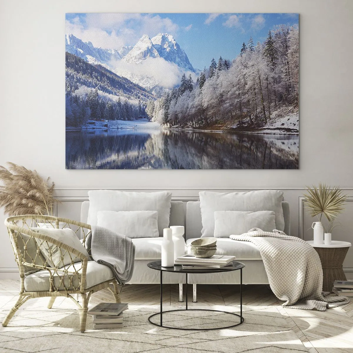 Obraz na skle - Zimná krajina s horami a zamrznutým jazerom - 70x50cm - Snehová stráž - Moderná nástenná dekorácia do obývacej izby a spálne ARTTOR