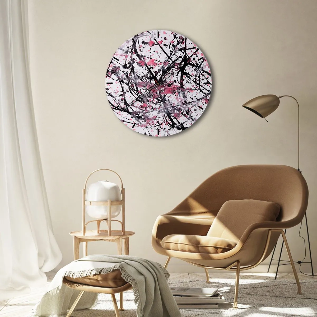 Nástenné hodiny - Abstraktné škvrny čiernej, bielej a ružovej na bielom pozadí - 30x30cm - Pominuteľná povaha života - Moderná nástenná dekorácia do obývacej izby, kuchyne a spálne ARTTOR