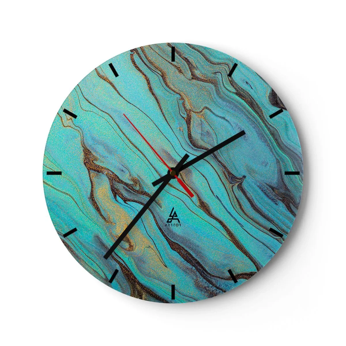 Nástenné hodiny - Tyrkysové a zlaté mramorované vlny - 30x30cm - Tyrkysový príliv - Moderná nástenná dekorácia do obývacej izby, kuchyne a spálne ARTTOR