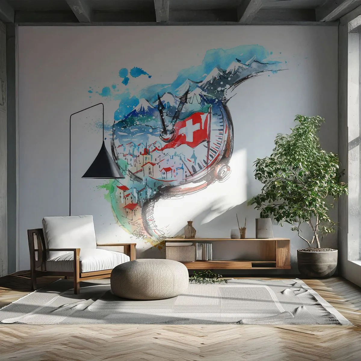 Samolepiaca Fototapeta Deluxe Sticker - Duch Švajčiarska - Abstrakcia, Švajčiarske hodinky, Alpy - 250x175 cm
