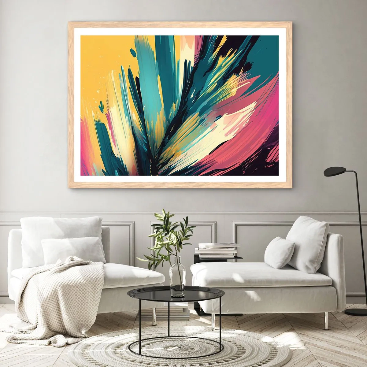 Plagát v ráme zo svetlého duba - Kompozícia – explózia radosti - 100x70 cm