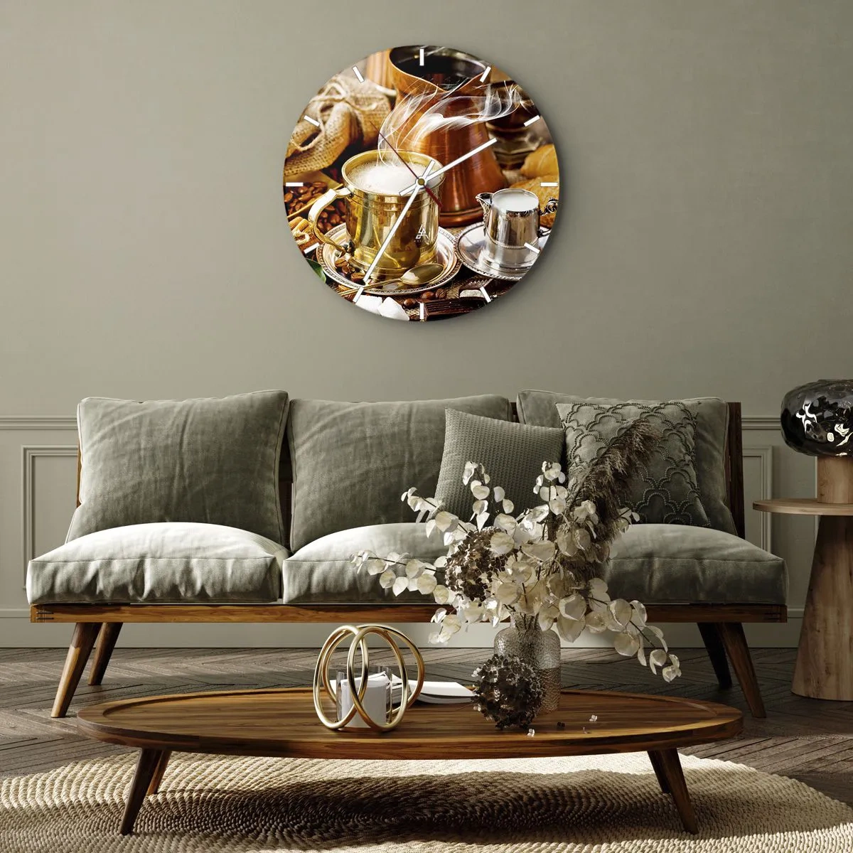 Nástenné hodiny - Šálka horúcej kávy v zlatom ráme s príslušenstvom - 30x30cm - Pekný deň prajem! - Moderná nástenná dekorácia do obývacej izby, kuchyne a spálne ARTTOR