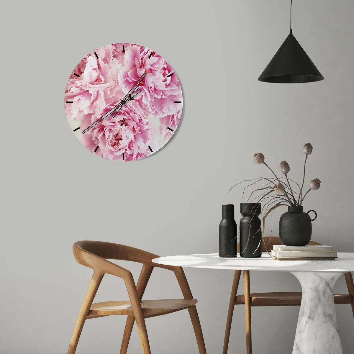 Nástenné hodiny - Ružové kvety pivonky na bielom pozadí - 30x30cm - V ružovom prepychu - Moderná nástenná dekorácia do obývacej izby, kuchyne a spálne ARTTOR