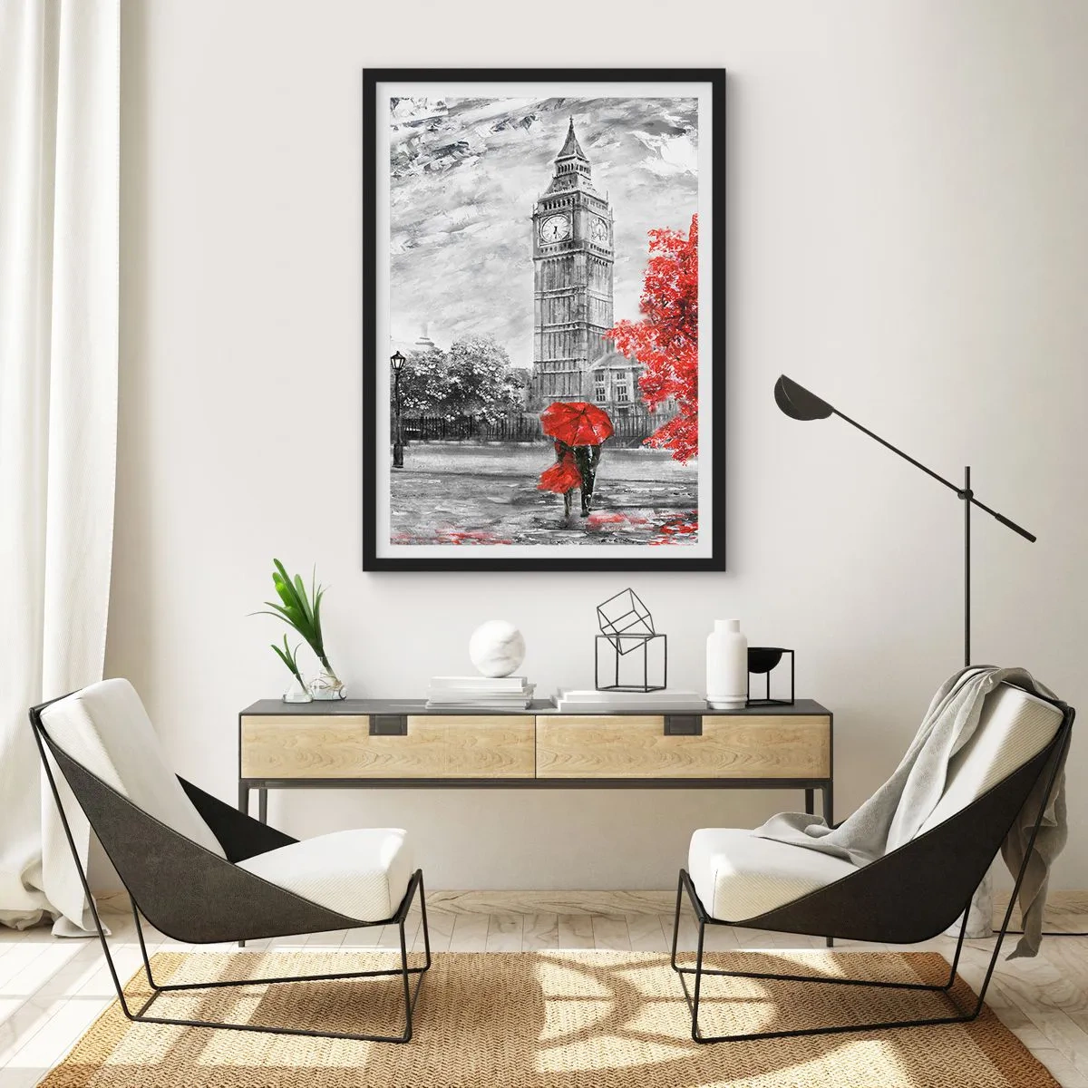 Plagát v čiernom ráme - Hodinová veža s červeným dáždnikom - 50x70cm - Vzrušujúci deň - Moderná nástenná dekorácia do obývacej izby a spálne ARTTOR