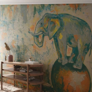 Fototapeta Standard Eco - Slon balansujúci na lopte v umeleckej abstrakcii - 100x70cm - Nech žije cirkus! - Moderná nástenná dekorácia do obývacej izby a spálne ARTTOR