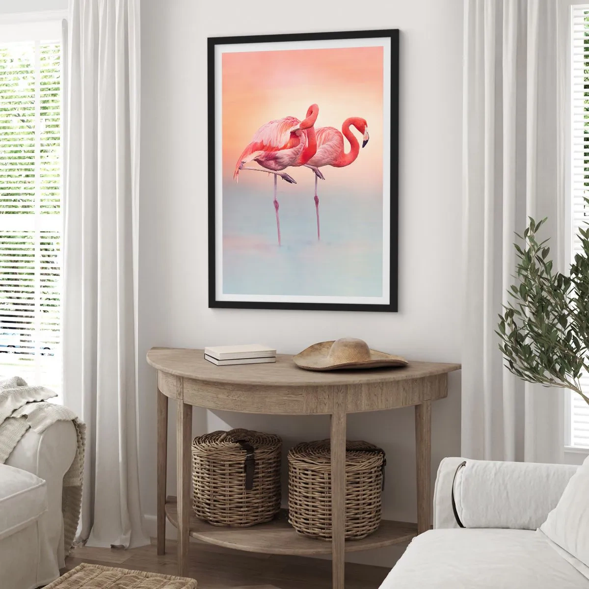 Plagát v čiernom ráme - Plameniaky na pastelovom pozadí západu slnka - 50x70cm - Vo farbe zapadajúceho slnka - Moderná nástenná dekorácia do obývacej izby a spálne ARTTOR