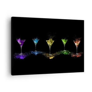 Obraz na plátne - Farebné koktaily v pohároch na čiernom pozadí - 70x50cm - Farby radosti v krištáľovom skle - Moderná nástenná dekorácia do obývacej izby a spálne ARTTOR