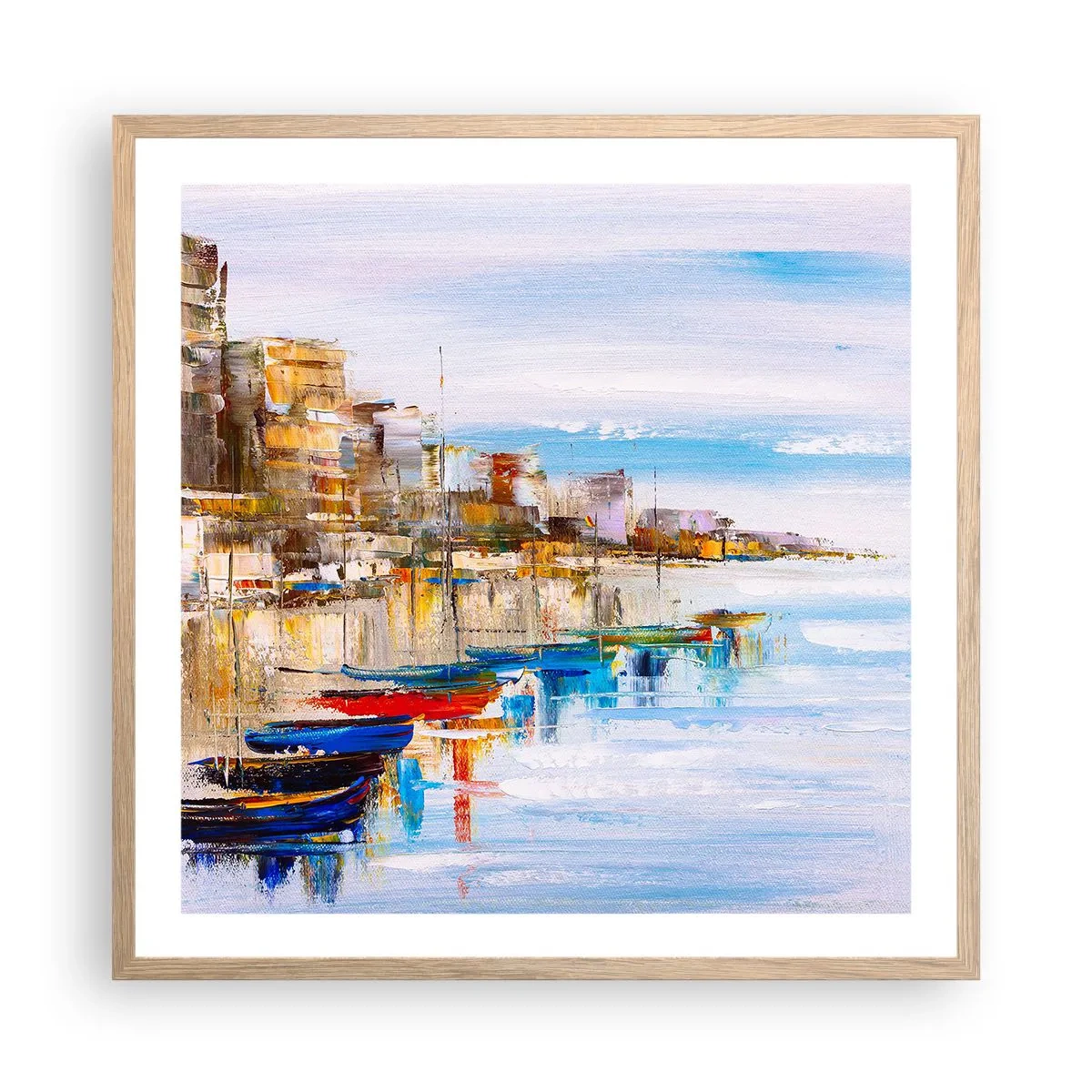 Plagát v ráme zo svetlého duba - Viacfarebný mestský prístav - 60x60 cm