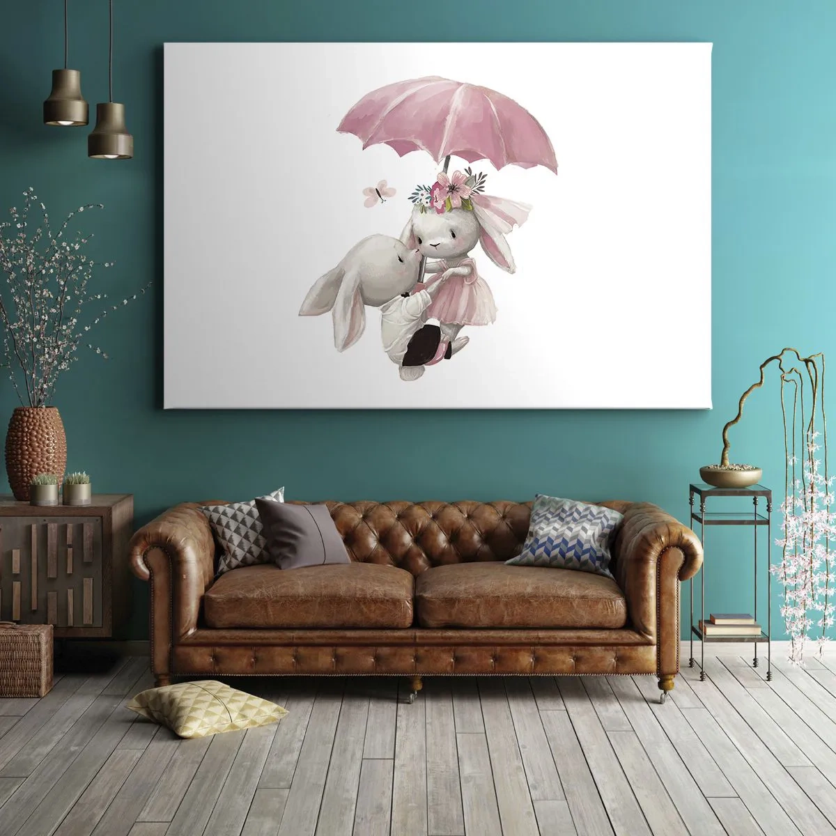 Obraz na plátne - Roztomilé zajačiky pod ružovým dáždnikom - 70x50cm - To je láska - Moderná nástenná dekorácia do obývacej izby a spálne ARTTOR