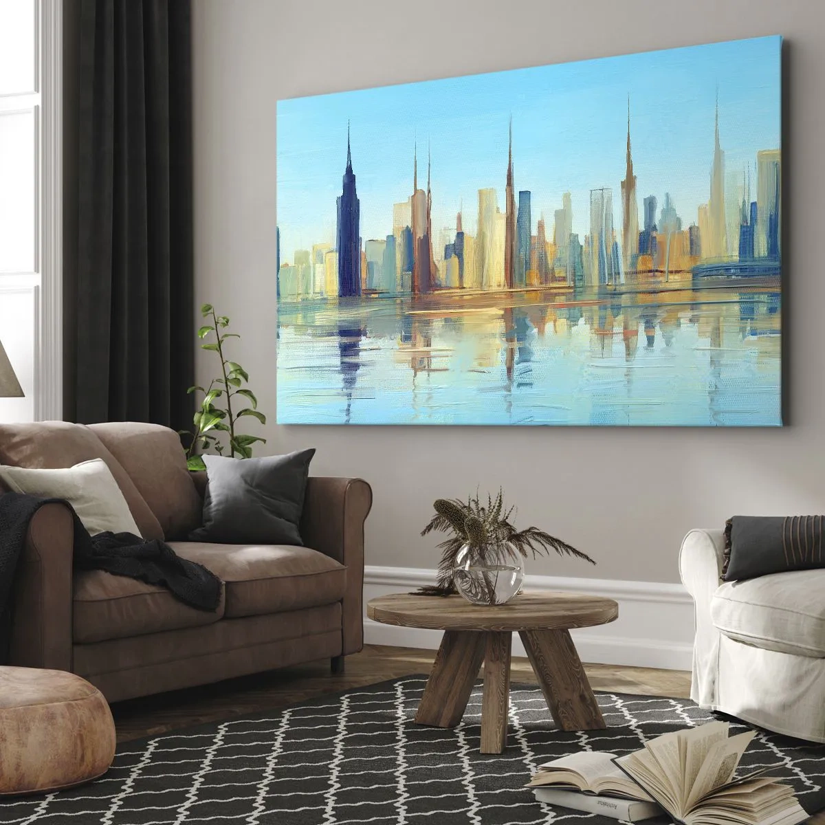 Obraz na plátne - Panoráma mesta v teplých farbách s odrazom vo vode - 70x50cm - Slnečná metropola - Moderná nástenná dekorácia do obývacej izby a spálne ARTTOR