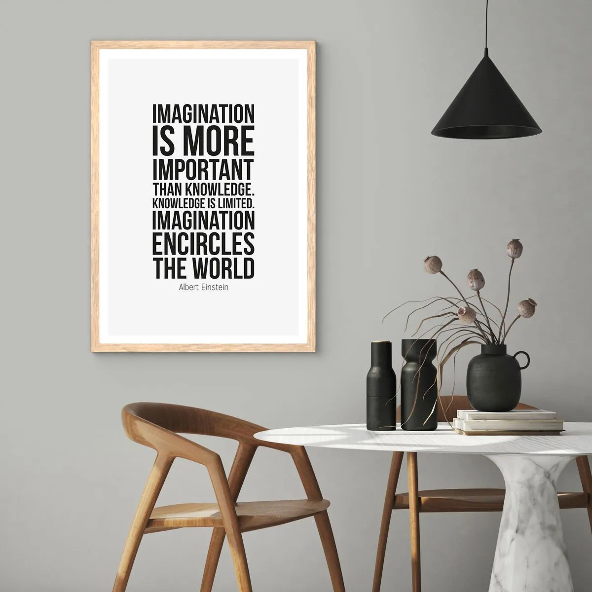 Plagát v ráme zo svetlého duba - Einstein o sile predstavivosti - 70x100 cm