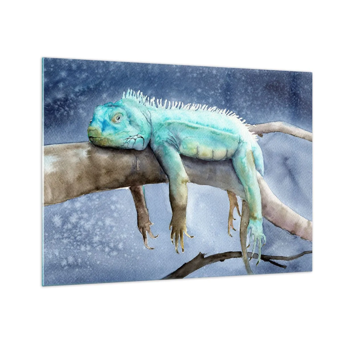 Obraz na skle - Modrý iguana ležiaci na konári v akvarelovom štýle - 70x50cm - Je fajn! - Moderná nástenná dekorácia do obývacej izby a spálne ARTTOR