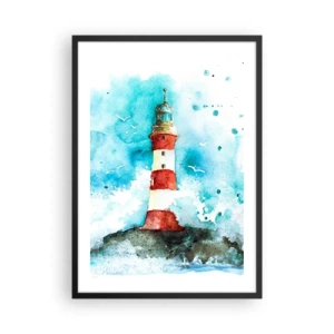Plagát v čiernom ráme - Maják v štýle akvarelu s morskými vlnami - 50x70cm - Jednota živlov - Moderná nástenná dekorácia do obývacej izby a spálne ARTTOR