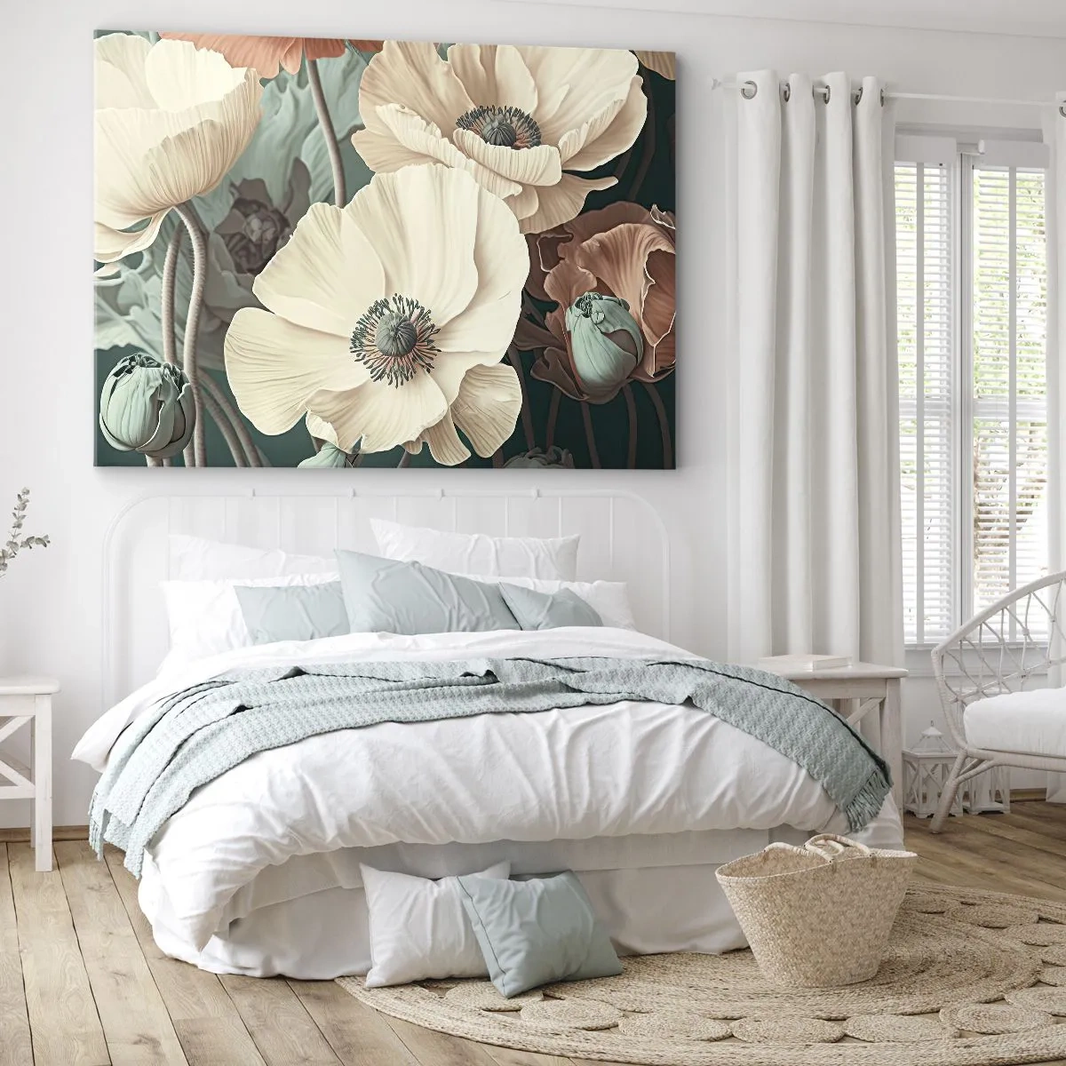Obraz na plátne - Elegantné kvety v pastelových odtieňoch na zelenom pozadí - 70x50cm - Šepot makov - Moderná nástenná dekorácia do obývacej izby a spálne ARTTOR