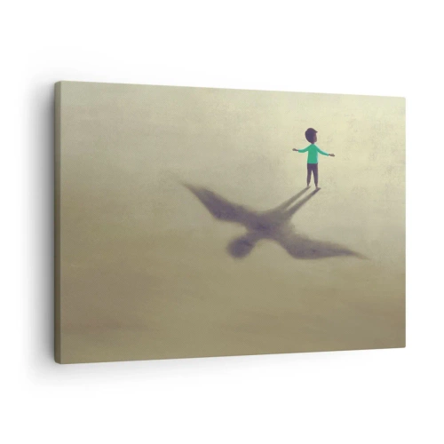 Obraz na plátne - Symbolická postava dieťaťa s tieňom vtáka na pozadí v teplých odtieňoch. - 70x50cm - Hrdina budúcnosti - Moderná nástenná dekorácia do obývacej izby a spálne ARTTOR