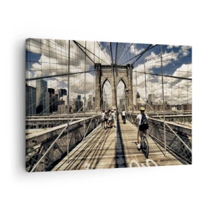 Obraz na plátne - Brooklynský most s výhľadom na chodcov a cyklistov - 70x50cm - Priamo do srdca mesta - Moderná nástenná dekorácia do obývacej izby a spálne ARTTOR