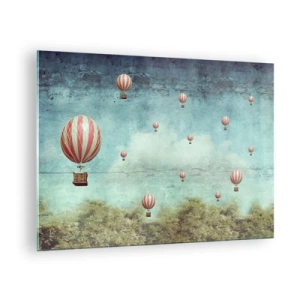 Obraz na skle - Balóny vznášajúce sa nad zelenou krajinou - 70x50cm - Oslobodení od zhonu života - Moderná nástenná dekorácia do obývacej izby a spálne ARTTOR
