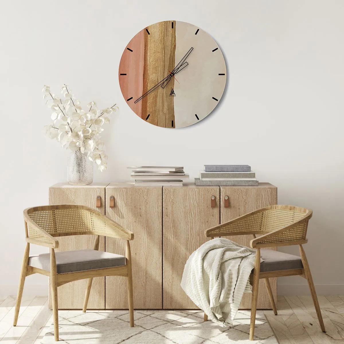 Nástenné hodiny - Zvislé pruhy v odtieňoch béžovej, drevenej a terakotovej - 30x30cm - Vertikálna kompozícia - Moderná nástenná dekorácia do obývacej izby, kuchyne a spálne ARTTOR