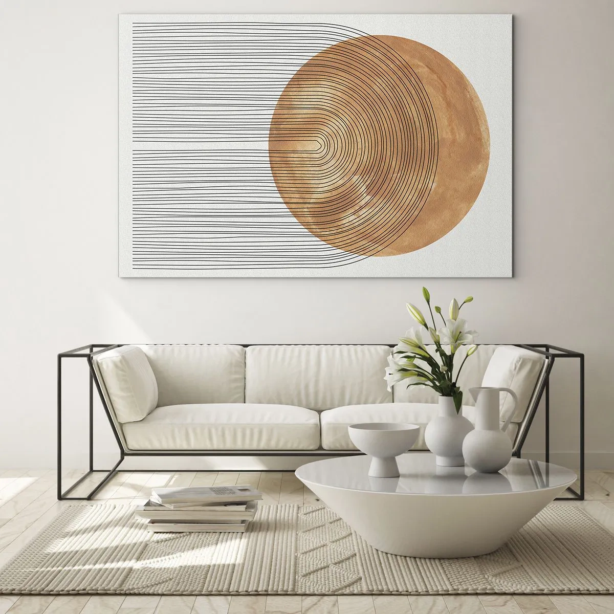 Obraz na skle - Geometrický tvar so sústrednými čiarami a zlatým kruhom - 70x50cm - Slnečná kompozícia - Moderná nástenná dekorácia do obývacej izby a spálne ARTTOR