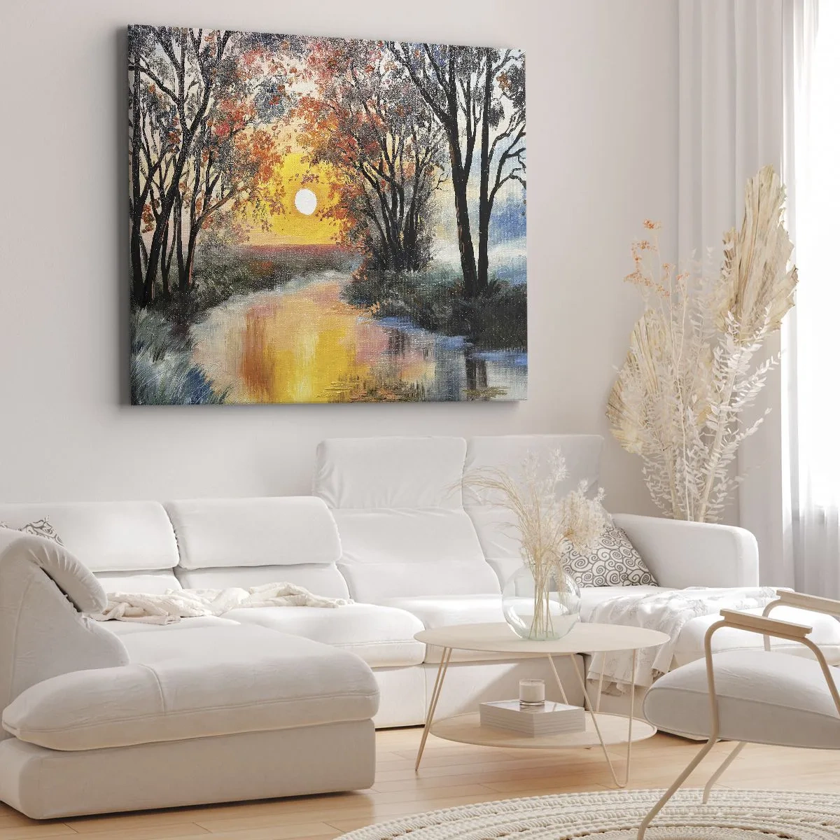 Obraz na plátne - Západ slnka nad riekou v jesennej krajine - 70x50cm - Jesenný nádych - Moderná nástenná dekorácia do obývacej izby a spálne ARTTOR