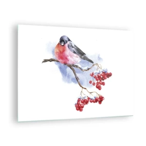 Obraz na skle - Vták na vetve jarabiny - 70x50cm - Farebná zima - Moderná nástenná dekorácia do obývacej izby a spálne ARTTOR
