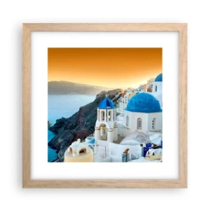 Plagát v ráme zo svetlého duba - Santorini - v náruči skál - 30x30 cm