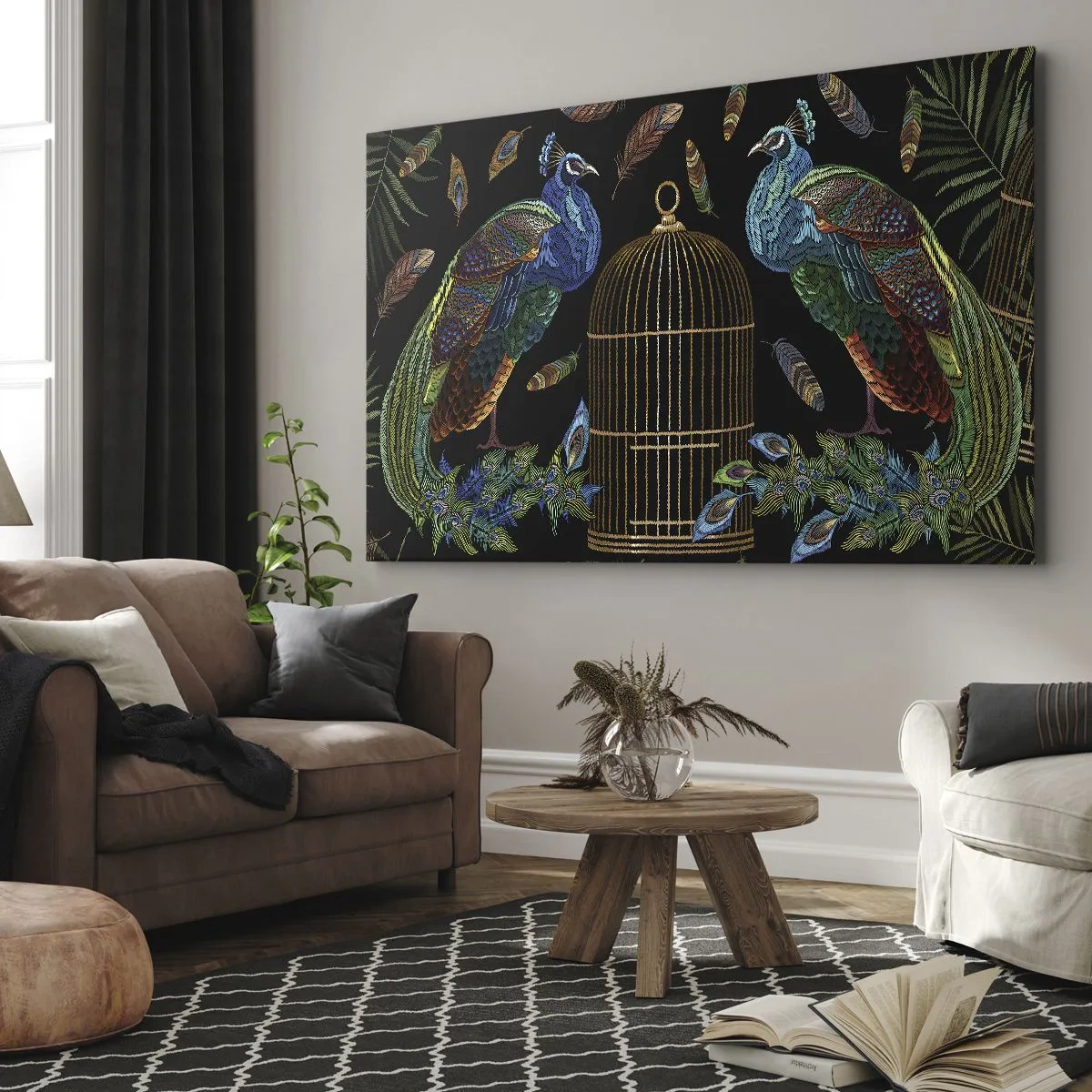 Obraz na plátne - Pávy vedľa zlatej klietky na čiernom pozadí - 70x50cm - V kráľovskom rúchu - Moderná nástenná dekorácia do obývacej izby a spálne ARTTOR