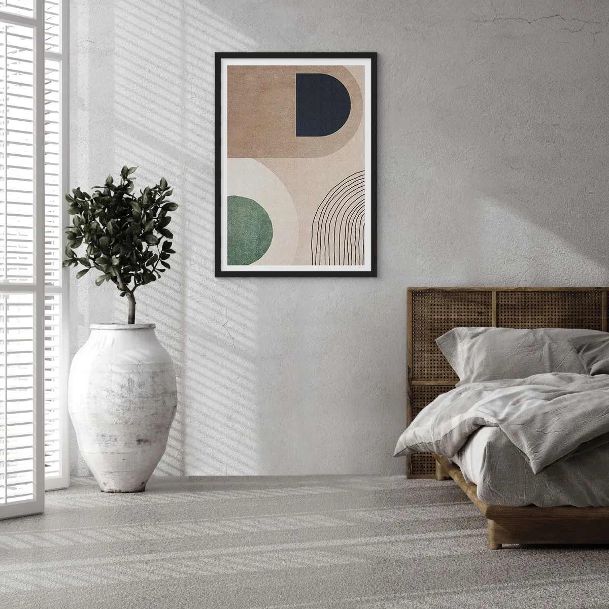 Plagát v čiernom ráme - Geometrická abstrakcia v béžových, zelených a čiernych tónoch - 50x70cm - Nežnosť oválu - Moderná nástenná dekorácia do obývacej izby a spálne ARTTOR