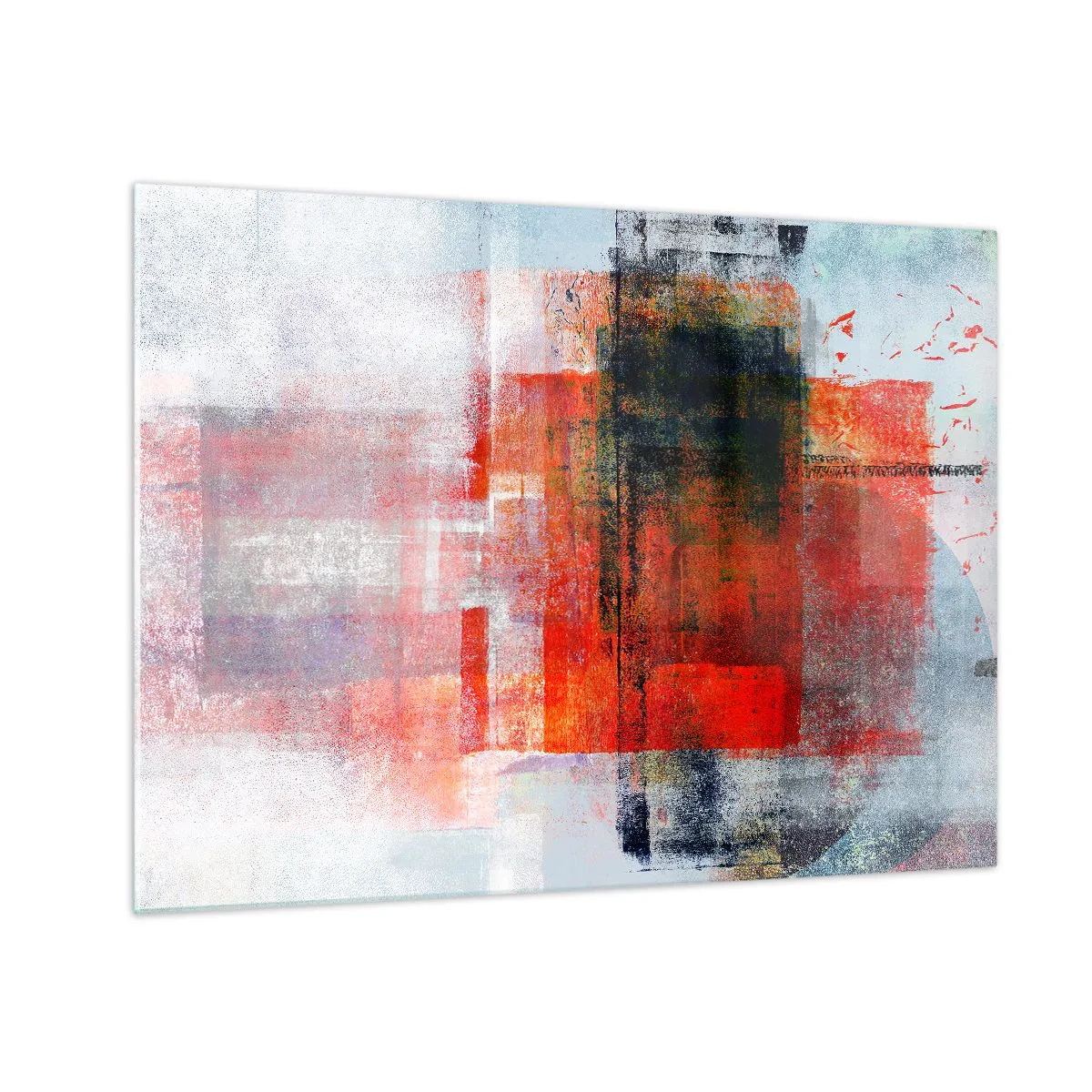 Obraz na skle - Geometrická abstrakcia v intenzívnych odtieňoch červenej a čiernej. - 70x50cm - Žiariaca kompozícia - Moderná nástenná dekorácia do obývacej izby a spálne ARTTOR