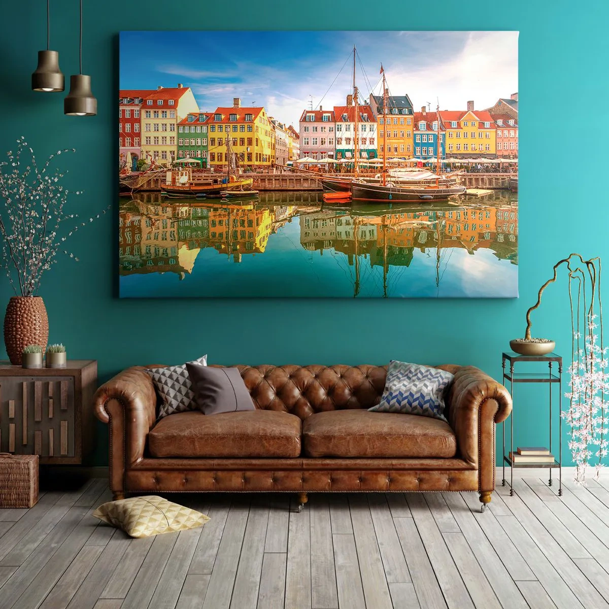 Obraz na plátne - Farebné domy na kanáloch v Kodani - 70x50cm - Pri vode hladkej ako zrkadlo - Moderná nástenná dekorácia do obývacej izby a spálne ARTTOR